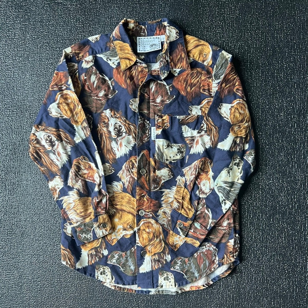 Monkey Wear Kids Vintage Dog Print Button Down Shirt Navy Blue Cotton Size 7 USA